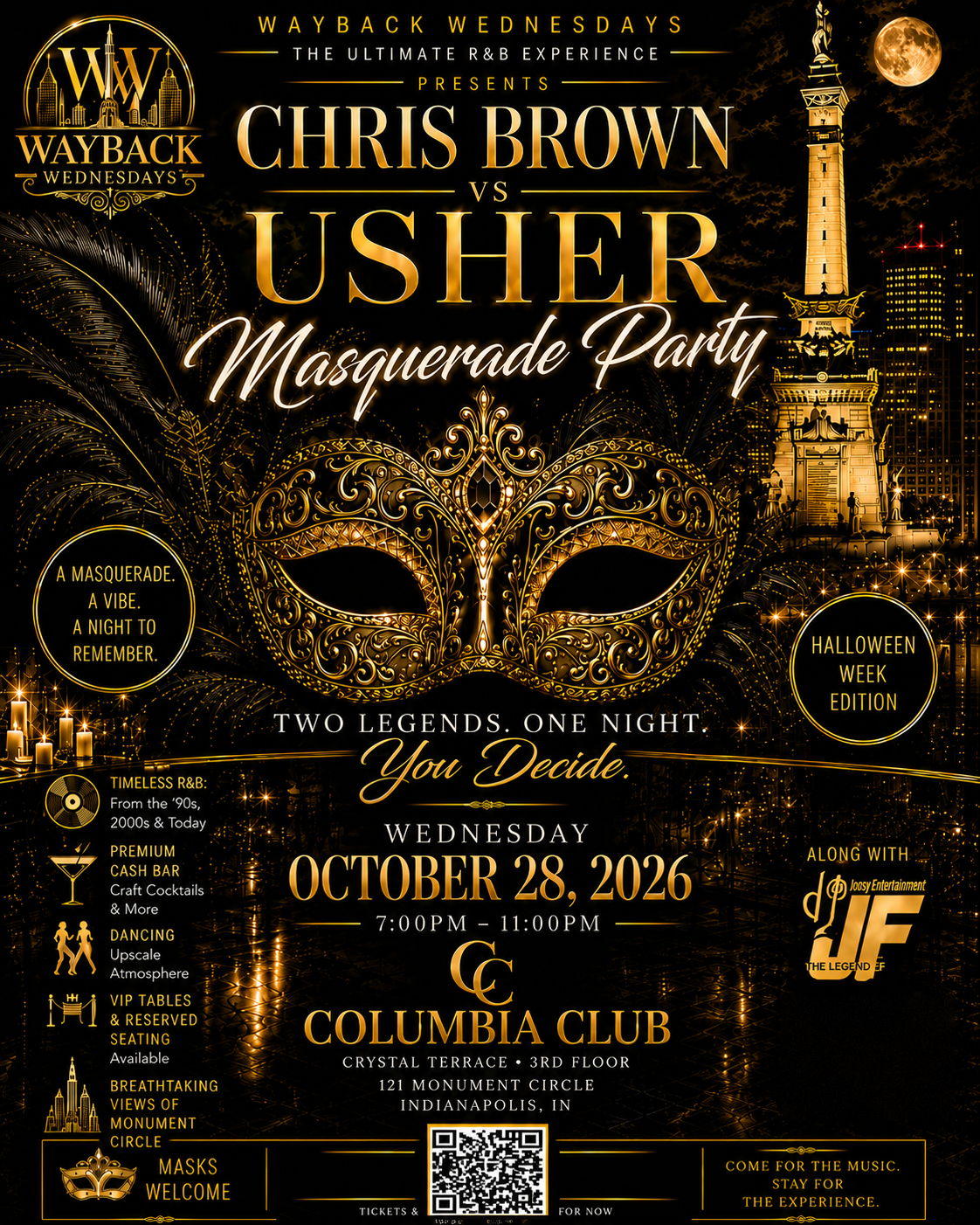 Wayback Wednesdays presents Chris Brown vs. Usher Masquerade Party, Wednesday October 28, 2026, Historic Columbia Club Crystal Terrace, Indianapolis