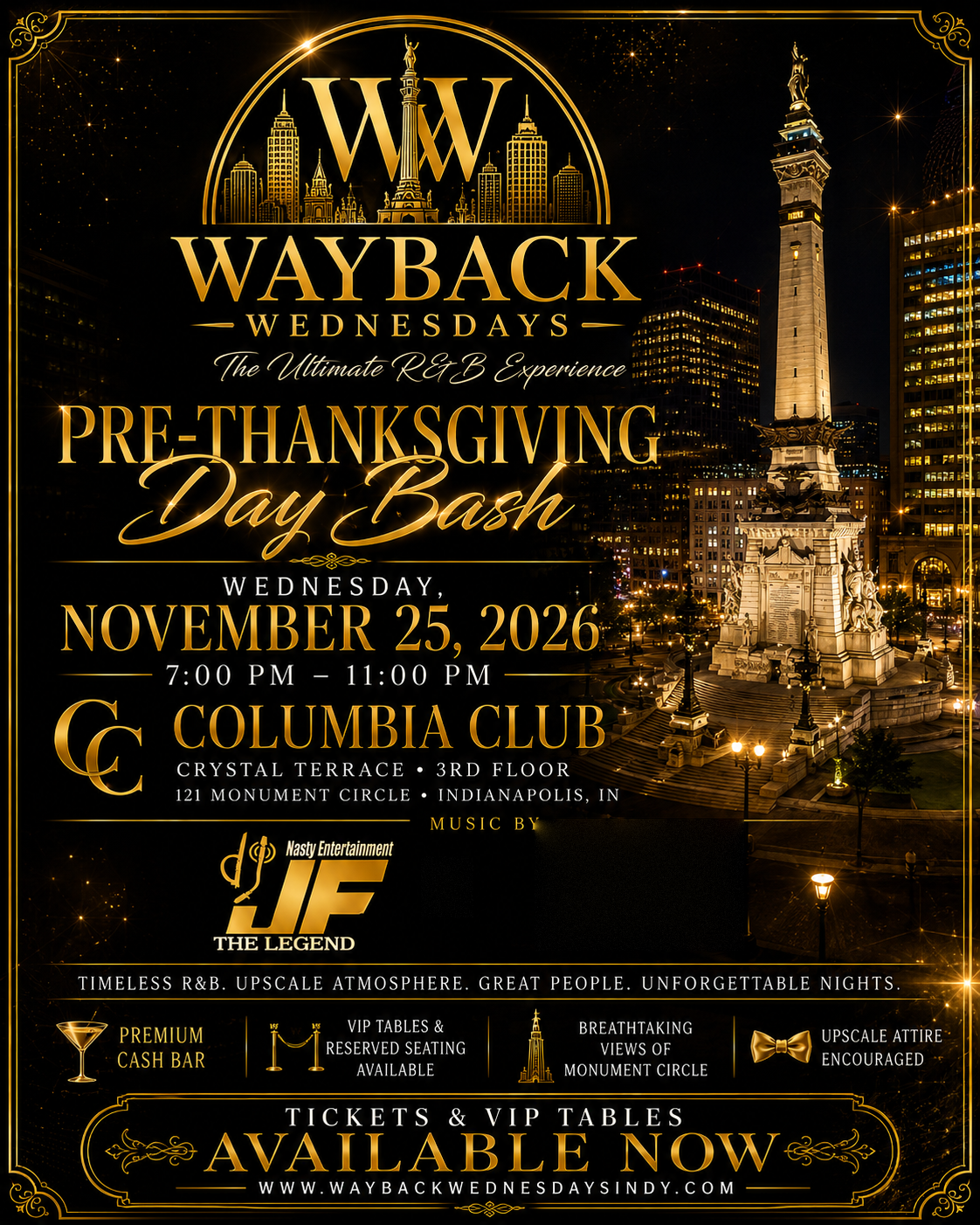 Wayback Wednesdays Pre-Thanksgiving Day Bash, Wednesday November 25, 2026, 7 to 11 PM, Historic Columbia Club Crystal Terrace, Indianapolis