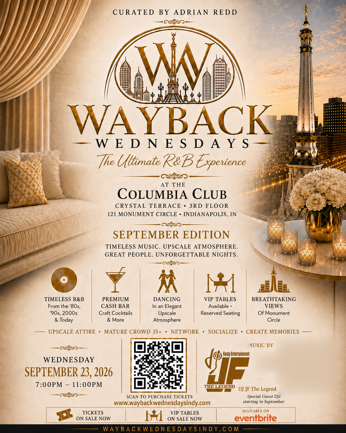 Wayback Wednesdays September Edition flyer — Wednesday, September 23, 2026, 7:00 PM to 11:00 PM, Historic Columbia Club Crystal Terrace, 121 Monument Circle, Indianapolis, music by DJ JF The Legend