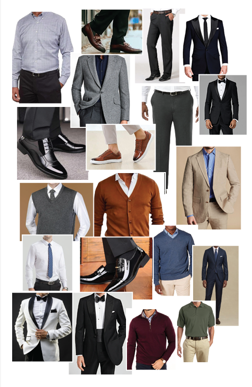 Wayback Wednesdays allowed attire guide: dress shirts, blazers, suits, tailored slacks, sweaters and dress shoes