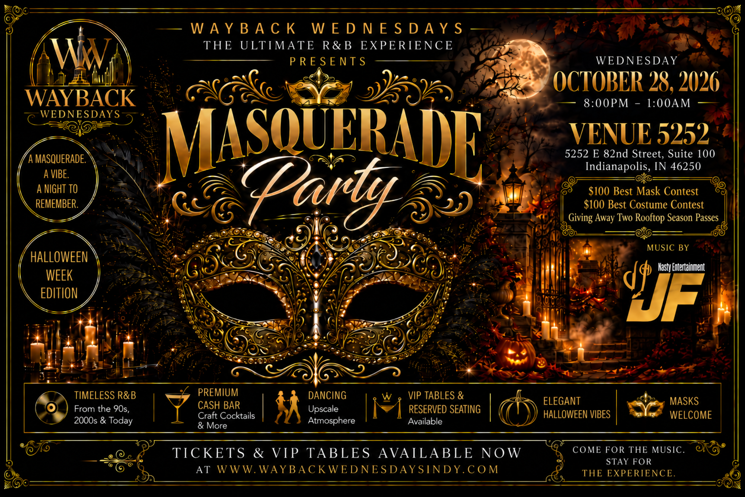 Wayback Wednesdays Masquerade Party, Wednesday October 28, 2026, 8 PM to 1 AM, Venue 5252, 5252 E. 82nd St., Indianapolis, IN 46250