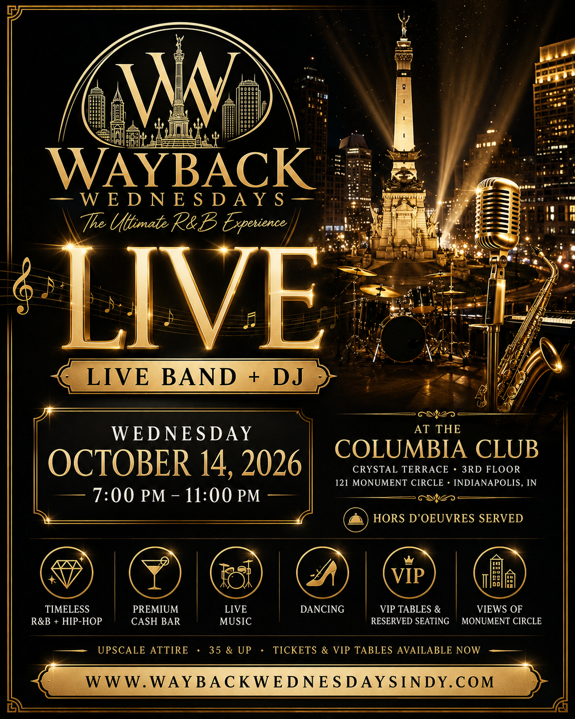 Wayback Wednesdays LIVE, live band plus DJ, Wednesday October 14, 2026, 7 to 11 PM, Historic Columbia Club Crystal Terrace, 121 Monument Circle, Indianapolis
