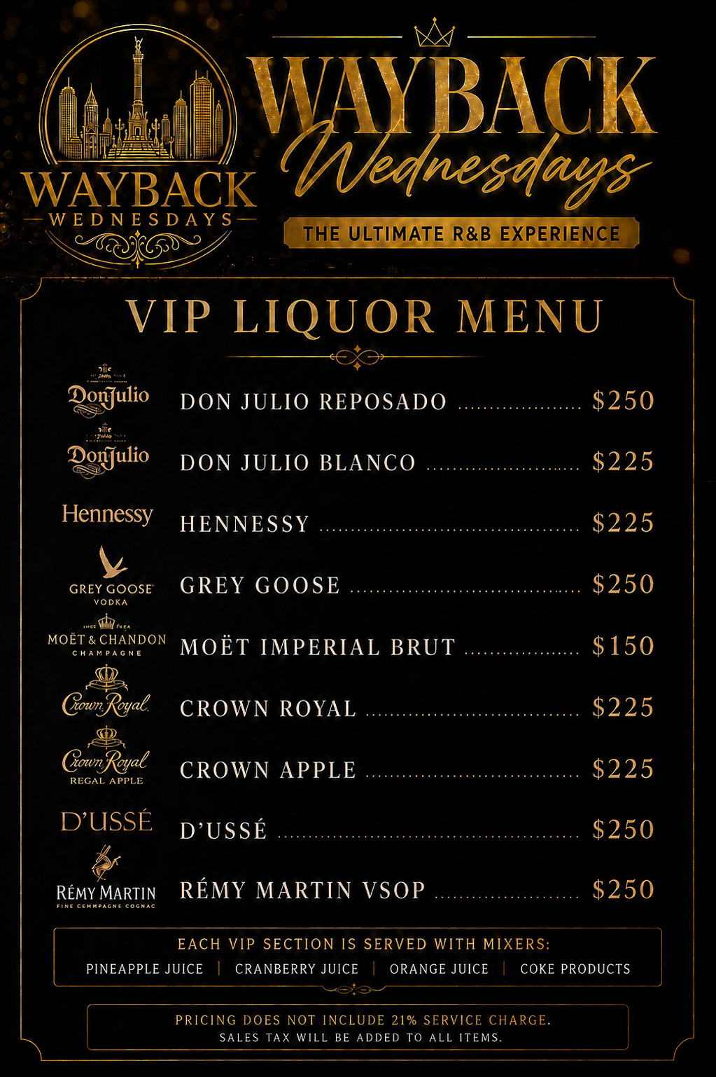 Wayback Wednesdays VIP Liquor Menu with bottle service pricing and included mixers
